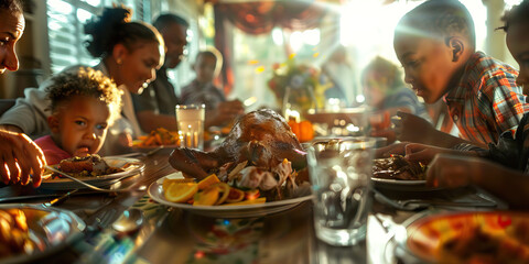 American Dream Realized: A content family, surrounding a bountiful dinner table.