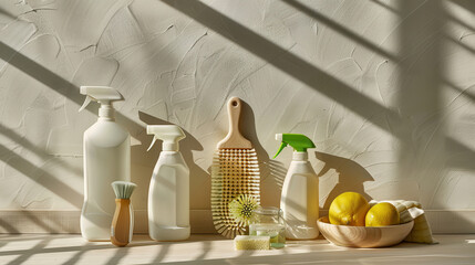 A modern still life photograph of cleaning supplies, featuring white plastic bottles with green caps, a wooden brush