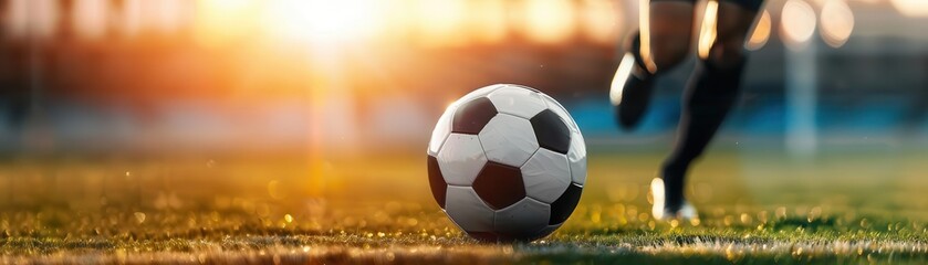 Naklejka premium Double exposure footballer dribbling, close up, focus on, copy space, dynamic hues, silhouette with soccer field