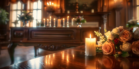 Serene memorial service in a vintage funeral home with flickering candle and quiet contemplation, serene, memorial service, vintage, funeral home, flickering candle, quiet contemplation