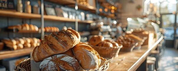 Vibrant Cafe Interior With Fresh Artisan Bread Displayed on Countertop Shelves