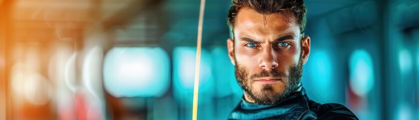 Fototapeta premium Realistic portrait of a handsome man in fencing gear, intense focus and athletic form, detailed fencing mask and vibrant surroundings, 4K resolution