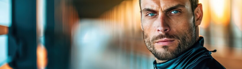 Obraz premium Realistic portrait of a handsome man in fencing gear, intense focus and athletic form, detailed fencing mask and vibrant surroundings, 4K resolution