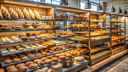 Bakery displaying large selection of freshly baked bread and pastry