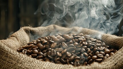 Obraz premium Burlap bag filled with medium-roasted coffee beans emitting smoke, close-up shot