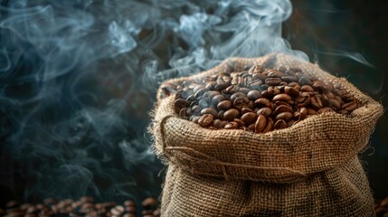 Obraz premium Burlap bag filled with medium-roasted coffee beans emitting smoke, close-up shot