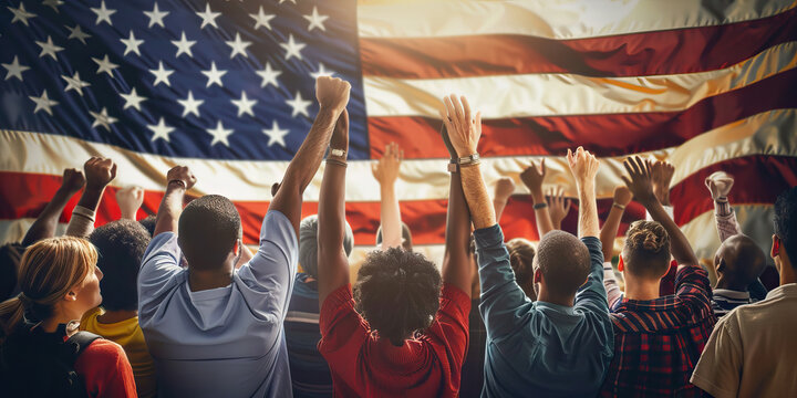 One Nation, Indivisible: A diverse group of people raising their hands in unity, with an American flag in the background.