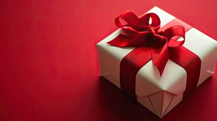 Fototapeta premium Close-up of a white gift box with red ribbon against a vibrant red backdrop