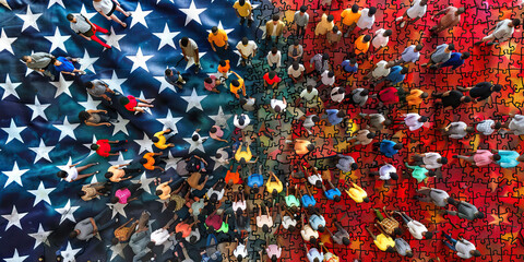 Unity Through Diversity: A crowd of people, each holding a small piece of a larger American flag puzzle.