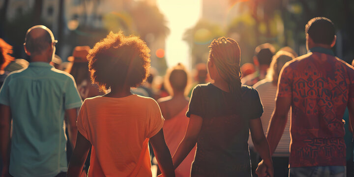 Together We Can: A rally with people of all ages, holding hands and looking towards the future.