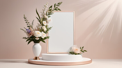 elegant skincare product presentation podium with delicate floral arrangement template mockup for bestseller beauty products