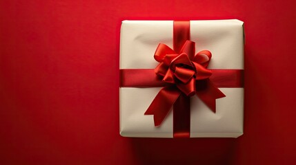 Elegant white gift with red ribbon on a vivid red backdrop, top view