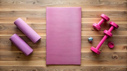 Fitness equipment lying on wooden floor with copy space