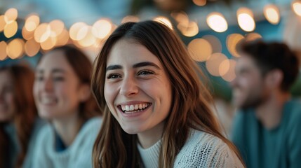 Obraz premium Closeknit friends sharing a laugh during a casual gathering, realistic photo, high resolution, warm lighting, genuine expressions