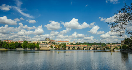 prague panorama with hradcany castle and charles bridge