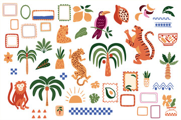 Tropical jungle summer vacation elements isolated on white. Wild animals, tropical palm tree, frames, stamps, exotic birds, fruits, flower, leaves. Cute travel and tourism, safari vector clipart.
