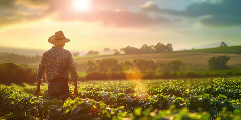 Fototapeta premium Cultivating American Prosperity: A farmer tending to a field of crops, with rolling hills and a bright sun in the background.
