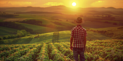 Fototapeta premium Cultivating American Prosperity: A farmer tending to a field of crops, with rolling hills and a bright sun in the background.