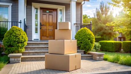Stack of cardboard boxes sitting on a front porch of a house on a sunny day