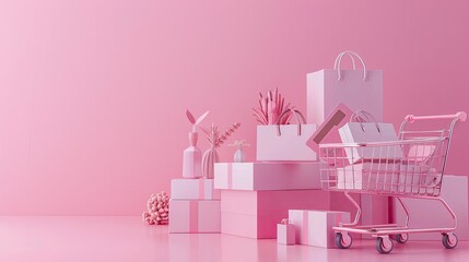 Fototapeta premium Pink backdrop featuring credit card, shopping cart, and delivery boxes. E-commerce and shopping scene