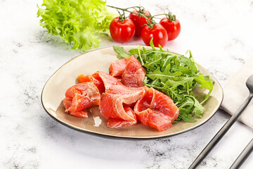 Sliced salmon with fresh arugula