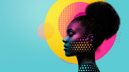 A beautiful woman with abstract appearance stands in front of a blue backdrop with colorful circles and dots, creating a blend of fashion and art.	