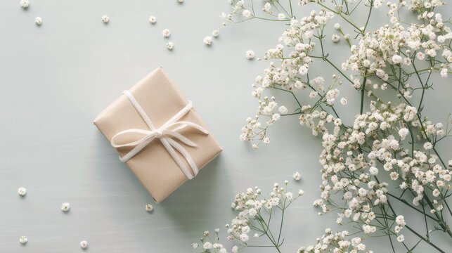 Top View Of Present Box And Gypsophila Flowers On Light Table, Flat Lay For A Custom Greeting Card