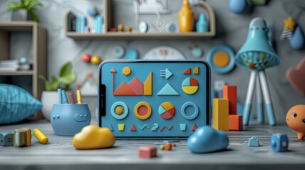 Obraz premium vector, illustration, 3d hand holding smartphone, graph, piechart, lamp icons. Achievement goals, business management application concept. 3d rendering