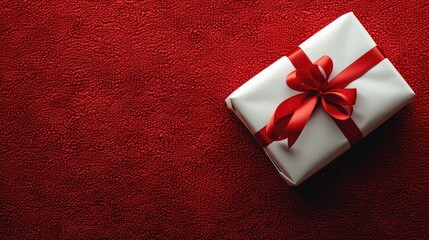 White present with red ribbon on a rich red surface, top view