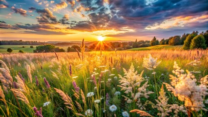 Fototapeta premium Golden sunset illuminating wildflower meadow in the countryside