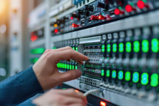 Engineer configuring network load balancer in a high-tech environment, efficient and detailed