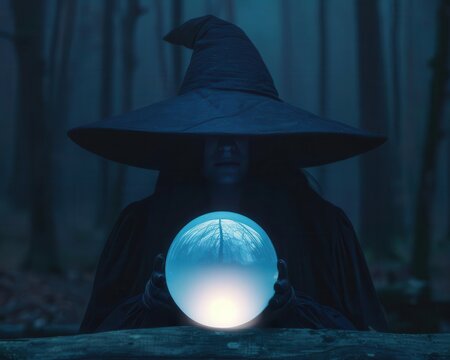 Enigmatic witch in a dark forest, crystal ball glowing, fortune-telling atmosphere, Witch, Fortune, Mystical and Enchanting