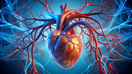 Human heart showing arteries and veins on blue background