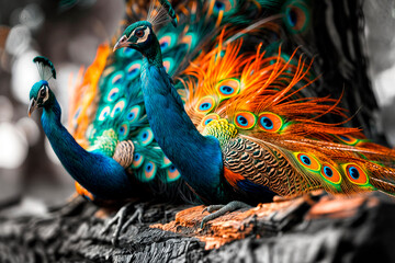 Obraz premium Beautiful colorful two peacocks on a dark background, peacock