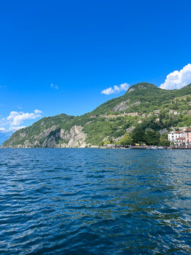 Lake Como. Italy. View from the lake of green hills. Famous tourist destination, natural bifid fjord.