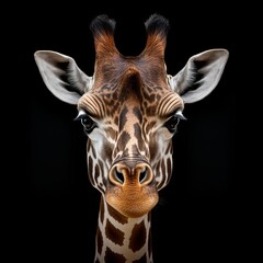 Fototapeta premium A close-up portrait of a giraffe with a black background. The image shows the giraffe s face in great detail, including its eyes, nose, and mouth. The giraffe s fur has a unique pattern of spots.