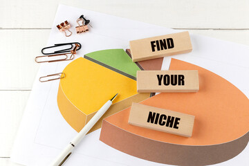 FIND YOUR NICHE word on wooden block on chart background
