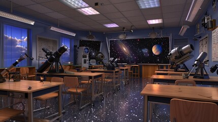 High school lab room designed for astronomy studies, with telescopes, star charts, and computer simulations for celestial observations