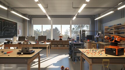 High school lab room with a robotics corner, equipped with kits, programming stations, and space for building and testing robotic projects