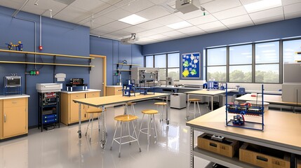High school lab room with a robotics corner, equipped with kits, programming stations, and space for building and testing robotic projects