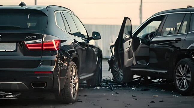 A car accident, with the rear of both vehicles visible after colliding in front of each other in a parking lot.