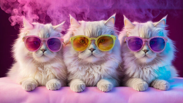 Three Cool Cats, Three fluffy white kittens sporting colorful sunglasses strike a playful pose on a vibrant pink surface against a backdrop of ethereal purple and pink smoke.