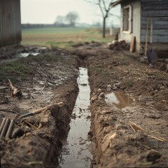 Rural Farm Drainage Trench: Hand-Dug with Muddy Water and Farming Tools, Realistic Detailed Photo in Natural Colors