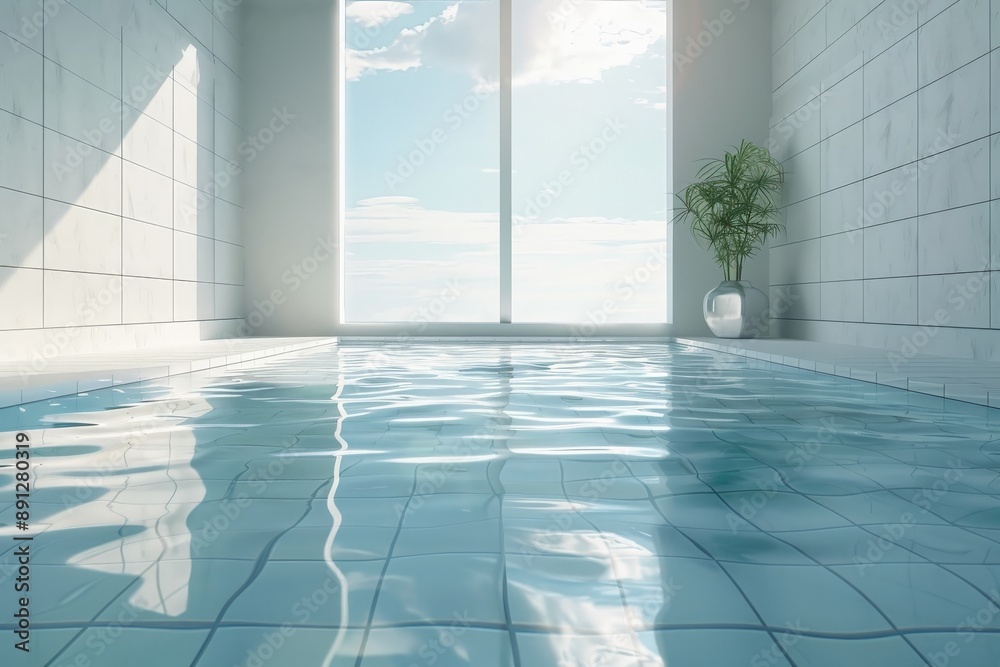 Poster A pristine indoor pool with an expansive floor-to-ceiling window showcasing a picturesque view of the bright blue sky, complemented by a neatly placed potted plant nearby.