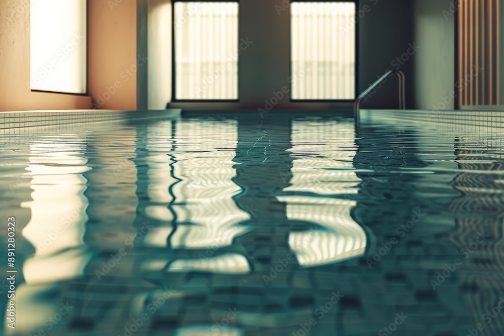 Aufkleber A cozy indoor pool area with dim lighting and multiple small windows, casting subtle light reflections on the water, creating a calm and intimate atmosphere.