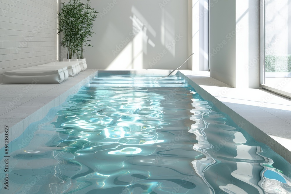 Poster A bright and inviting indoor pool area with sunlight streaming through large windows, illuminating the pristine water and minimalist decor, creating a refreshing ambiance.