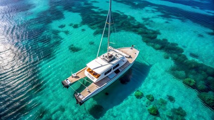 Luxury catamaran sailing in crystal clear tropical water on a sunny day