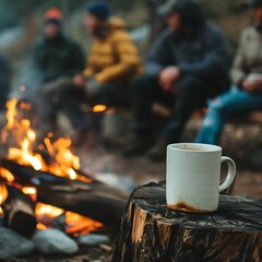there is a group of people sitting around a campfire, on a log in the foreground sits a plain white coffee mug, zoom in slightly on the mug