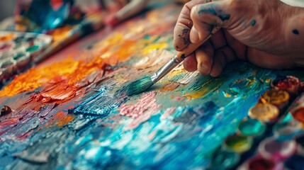 Fototapeta premium Close-up of an artist's hand painting a vibrant, textured canvas with a brush, surrounded by paint and tools in an art studio