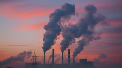 Industrial Power Plant in Snowy Landscape with Thick Smoke Emissions Highlighting Air Pollution and...